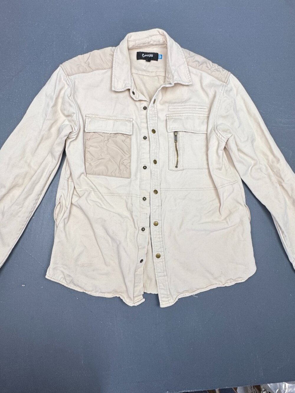 Cookies Womens Size Large Beige Utility Jacket 100% Cotton Snap Front Pockets